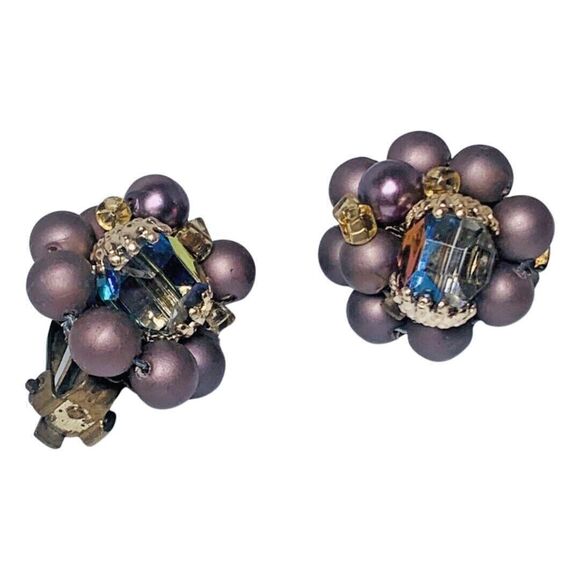 Vintage Japan Purple Rhinestone Flower Clip-On Earrings 1" Beaded Jewelry - Picture 7 of 11